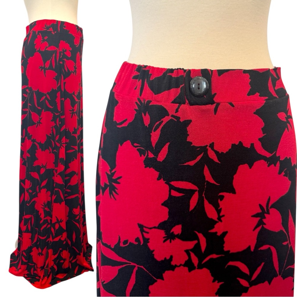 Y2K Slinky Knit Black Red Bold Floral Sarah Lawrence Vintage Maxi Column Skirt L